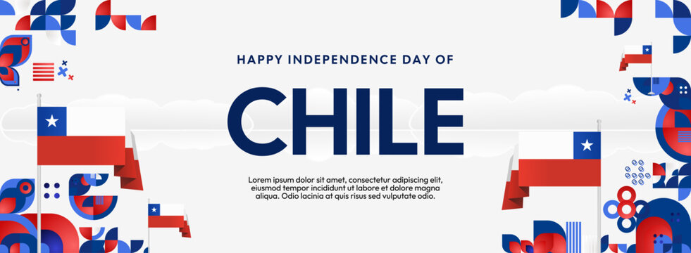 Horizontal Chile Independence Day template with national flag, geometric ornaments, and festive colors. Ideal for banners, posters, web header, promotions, and event campaigns. Happy national day