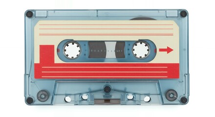 Obraz premium Vintage cassette tape with transparent blue case and red white label isolated on white background for retro music concepts