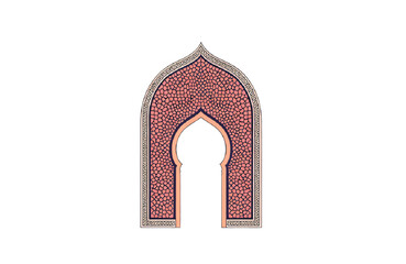 Elegant Moroccan archway design featuring intricate geometric patterns and warm coral tones, perfect for cultural or travel themes.