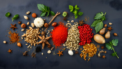 Various herbs and spices on dark background, vibrant. White tone