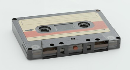 Naklejka premium Dark gray cassette tape with cream label and pink stripe showing analog recording technology and magnetic tape mechanism