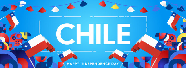 Horizontal Chile Independence Day template with national flag, geometric ornaments, and festive colors. Ideal for banners, posters, web header, promotions, and event campaigns. Happy national day
