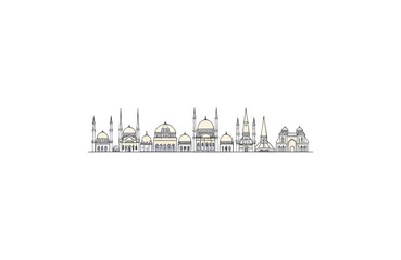 Obraz premium Discover stunning Islamic architectural landmarks a captivating line art cityscape showcasing mosques and minarets for travel and culture inspiration