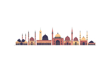 Fototapeta premium Stunning Islamic architecture skyline showcasing diverse mosques with domes and minarets, perfect for cultural and travel themes.