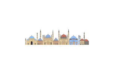 Obraz premium Stunning Islamic architecture skyline featuring diverse mosques with domes and minarets, perfect for cultural or travel themes