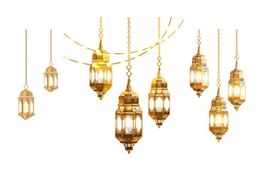 Elegant gold Islamic lanterns and fairy lights create a warm, festive atmosphere perfect for Ramadan and Eid celebrations, evoking tradition and joy. © Shoaibrufi.vectors