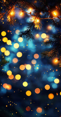 A dreamy, festive scene featuring sparkling lights against a blurred blue background, evoking a cozy, magical atmosphere.