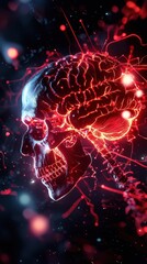 A futuristic depiction of a skull with a glowing brain, set against an abstract background, conveying themes of technology and the mind.