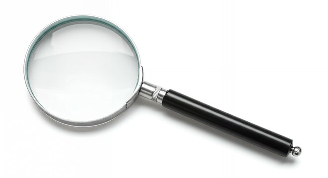 Classic magnifying glass with black handle on white background, professional investigation and research tool for business use