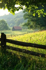 A serene landscape featuring a wooden fence, wildflowers, and a distant barn surrounded by lush greenery and gentle sunlight.