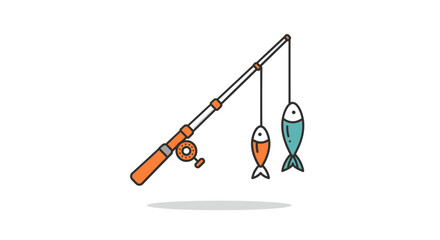 Fototapeta premium Illustration of a fishing rod with two fish hanging from it, representing the joy of angling and the thrill of the catch
