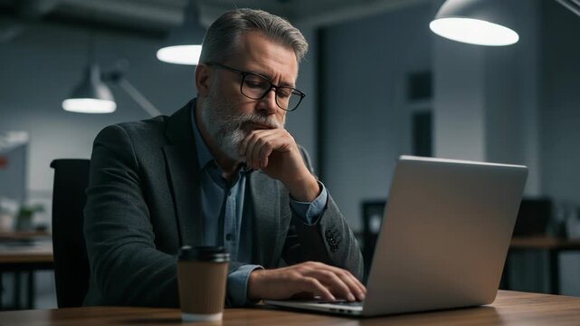 Focused senior businessman with beard and glasses working on a laptop in a modern office at night, deep in thought