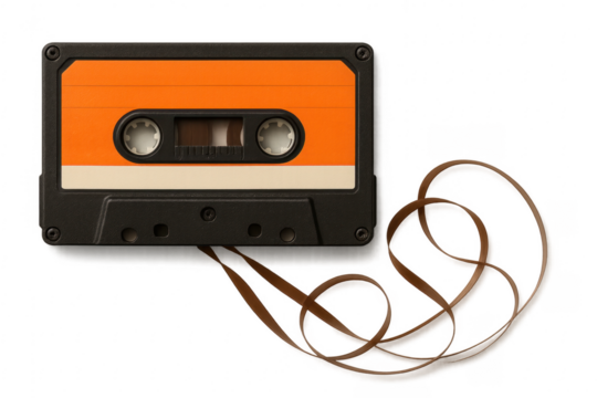 Vintage audio cassette with tangled tape on transparent background