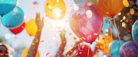 Festive moment with people's hands raised amidst a cloud of colorful balloons and confetti