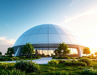 Obraz premium Image of a futuristic geometric building under blue sky and surrounded by nature
