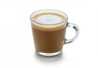 Naklejka premium Layered cappuccino in clear glass mug showing coffee and milk foam separation with elegant presentation for beverage photography