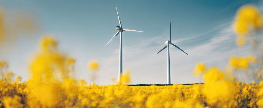 The Wind Turbines Standing Tall in a Golden Canola Field Under Blue Sky