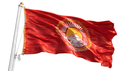 A red flag with an emblem on a white pole waving gently against a black background in the wind