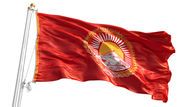 A red flag with an emblem on a white pole waving gently against a black background in the wind