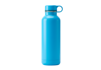 Bright blue reusable water bottle with a lid and handle isolated on black background