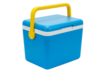 Bright blue portable cooler with yellow handle for outdoor activities and picnics