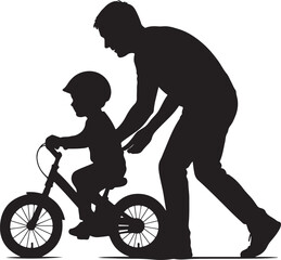 Fototapeta premium Father teaching child to ride bicycle silhouette daughter