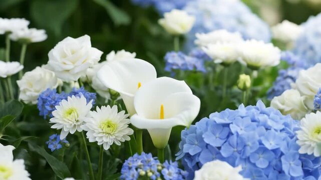 A close up of white calla lilies surrounded by blue hydrangeas and white chrysanthemums blooms
