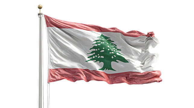 A vibrant lebanese flag waving proudly on a silver flagpole against a dark black background outdoors