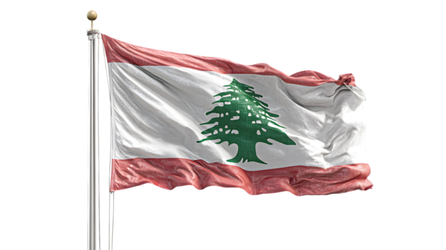A vibrant lebanese flag waving proudly on a silver flagpole against a dark black background outdoors