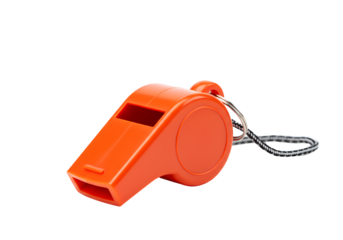 bright orange plastic handheld whistle with lanyard for outdoor sports and safety alerts