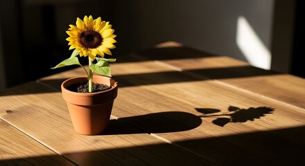 A single sunflower in a terracotta pot sits on a wooden surface, illuminated by strong sunlight creating shadows.