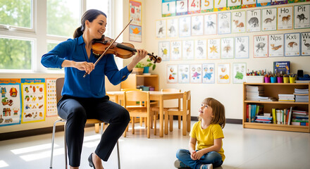 A cheerful young woman, perceived to be a teacher, plays a violin for a young boy who is sitting on the floor and looking up at her