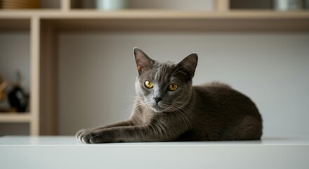 Beautiful gray British Shorthair cat with golden eyes lying on white shelf in modern minimalist home interior