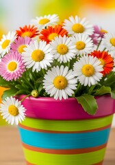A colorful pot filled with a vibrant assortment of daisies in white, pink, and orange, with green leaves, against a blurred background.