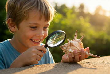 Smiling boy exploring a seashell with a magnifying glass at sunset. Curious child studying nature in warm summer light.
