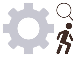 Gear symbolizing mechanism, human figure in action, and magnifying glass for exploration. Ideal for technology, innovation, research, teamwork, process, discovery productivity simple flat metaphor