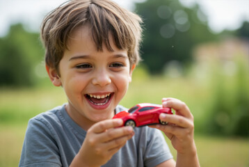 Excited boy playing with a red toy car outdoors. Laughing child holding a model car in a park. Childhood joy and imagination concept.