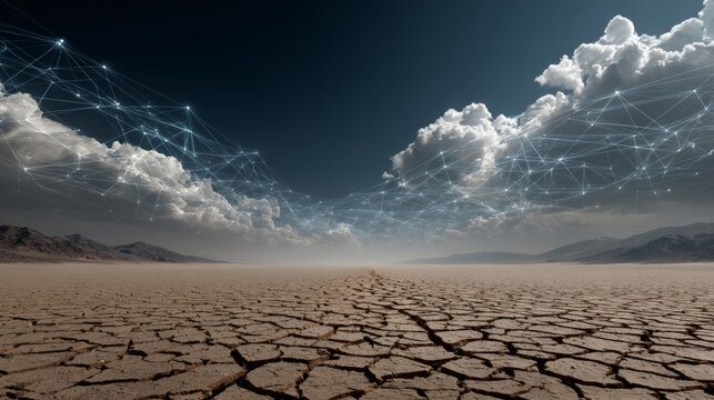 A cracked desert basin with grid lines, representing sudden ecological collapse.