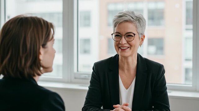 Two business women in a meeting, one smiling and laughing while talking to the other in a modern office setting