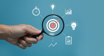 Fototapeta premium Strategic business analysis concept hand holding magnifying glass examining target with performance metrics and growth icons