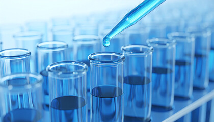 Drop of Science: Close-up of a pipette releasing a single, vibrant drop into a test tube filled with a clear solution, showcasing the precision and dedication of laboratory work.