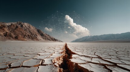 A cracked desert basin with grid lines, representing sudden ecological collapse.