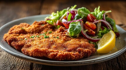 Crispy Argentine Milanesa with Fresh Garden Salad and Lemon Wedge