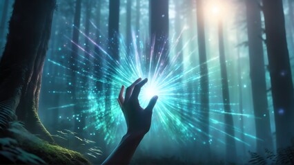 Holographic Forest Touch, Misty Forest Projection, Shimmering Digital
Nature, Interactive Hologram, Serene Light Dance