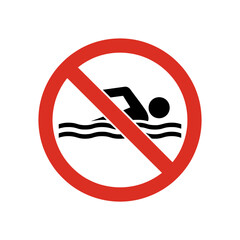 No swimming symbol with a red circle and swimmer icon inside safety regulations and water hazard signage