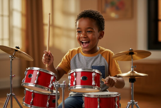 Happy black boy playing a toy drum set. Young musician learning to play a musical instrument at home.