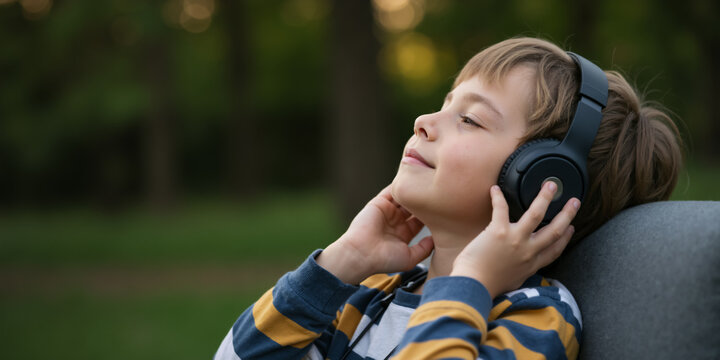 Boy with eyes closed listening to music on headphones outdoors. Child relaxing in a park.