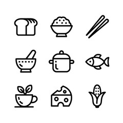 Collection of Food Icons Featuring Bread Rice Chopsticks Mortar Pot Fish Tea Cheese and Corn Culinary Vector Line Art Design Elements