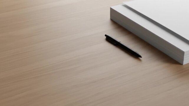 A stack of white paper with a page lifting and a black pen on a light brown wooden surface top view