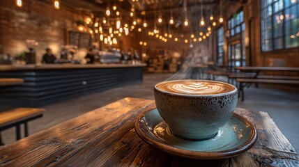 Artisanal cappuccino in a trendy New York coffee shop with industrial design